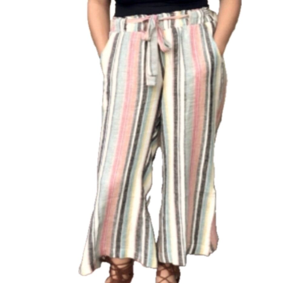Indigo Rein Linen Blend Stripe Palazzo Wide Leg Pull On Smocked Back Midi Pants